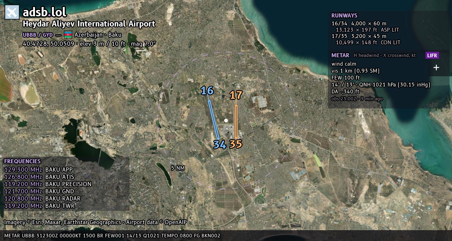 Satellite map with the runway layout of Heydar Aliyev International Airport (UBBB)