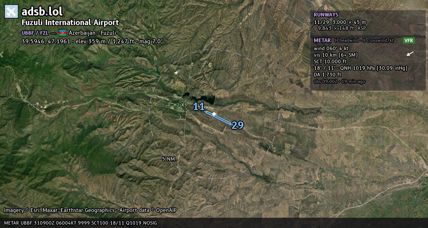 Satellite map with the runway layout of Fuzuli International Airport (UBBF)
