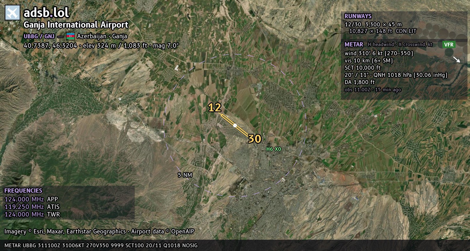 Satellite map with the runway layout of Ganja International Airport (UBBG)