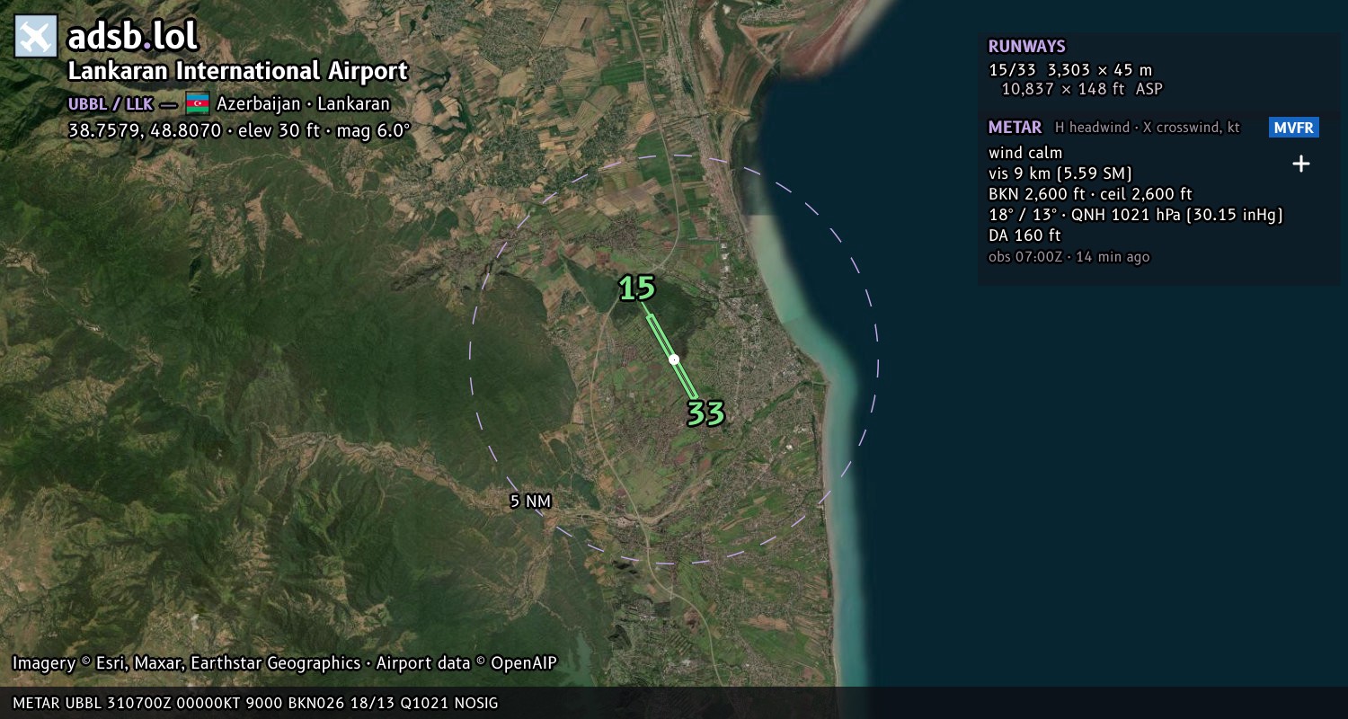 Satellite map with the runway layout of Lankaran International Airport (UBBL)