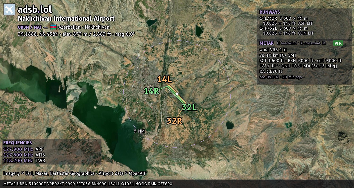Satellite map with the runway layout of Nakhchivan International Airport (UBBN)