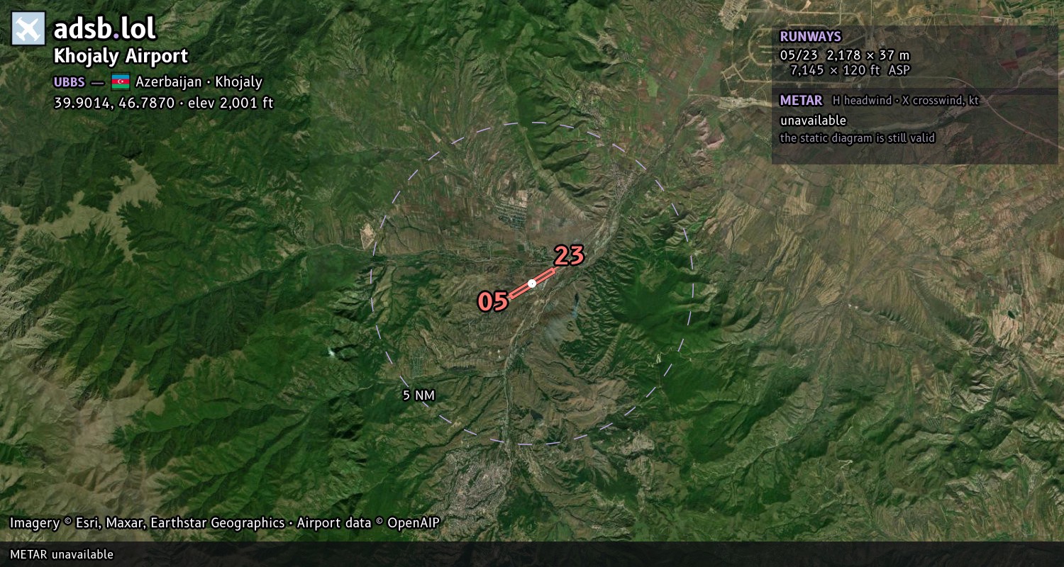 Satellite map with the runway layout of Khojaly Airport (UBBS)