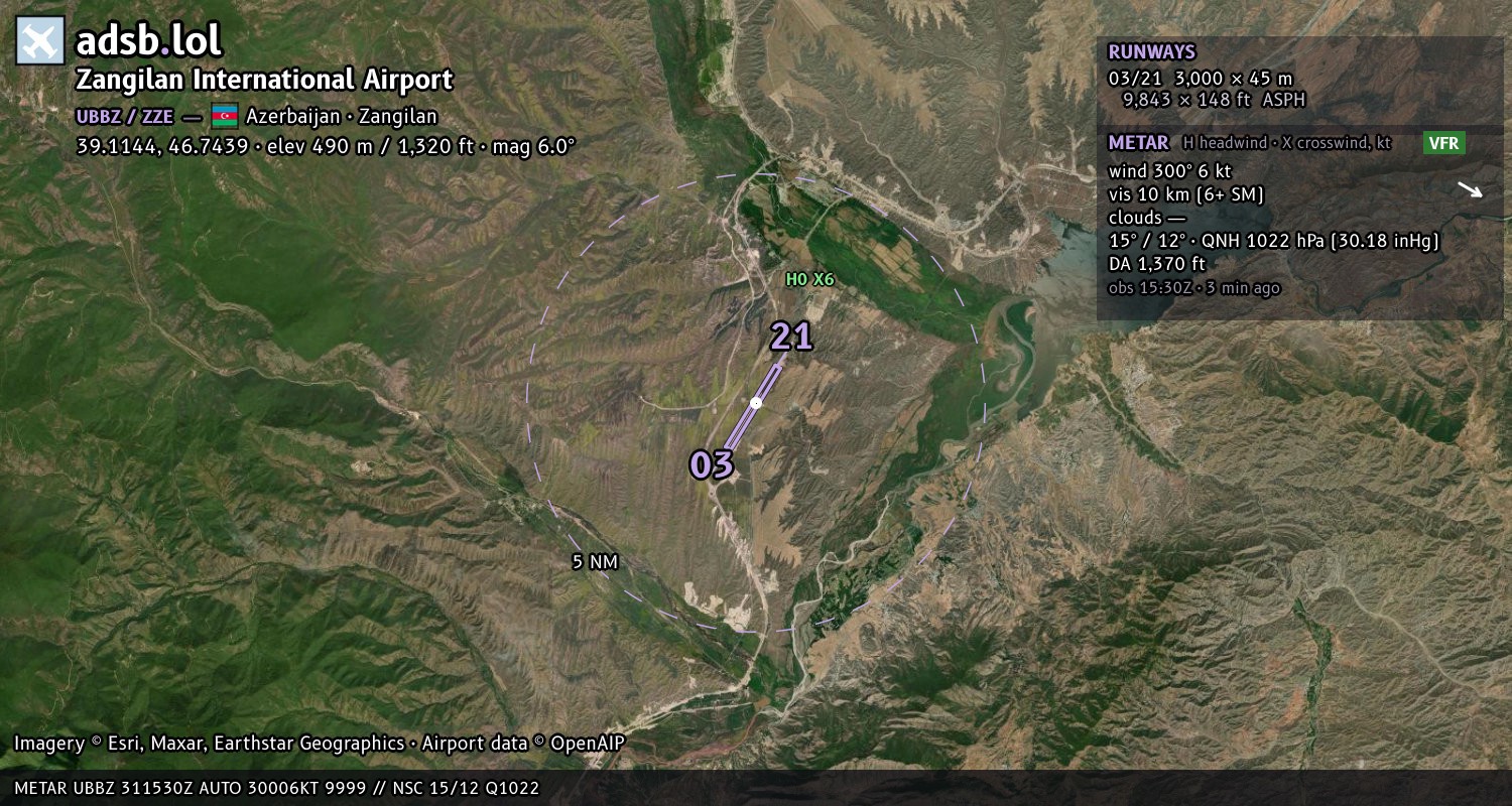 Satellite map with the runway layout of Zangilan International Airport (UBBZ)