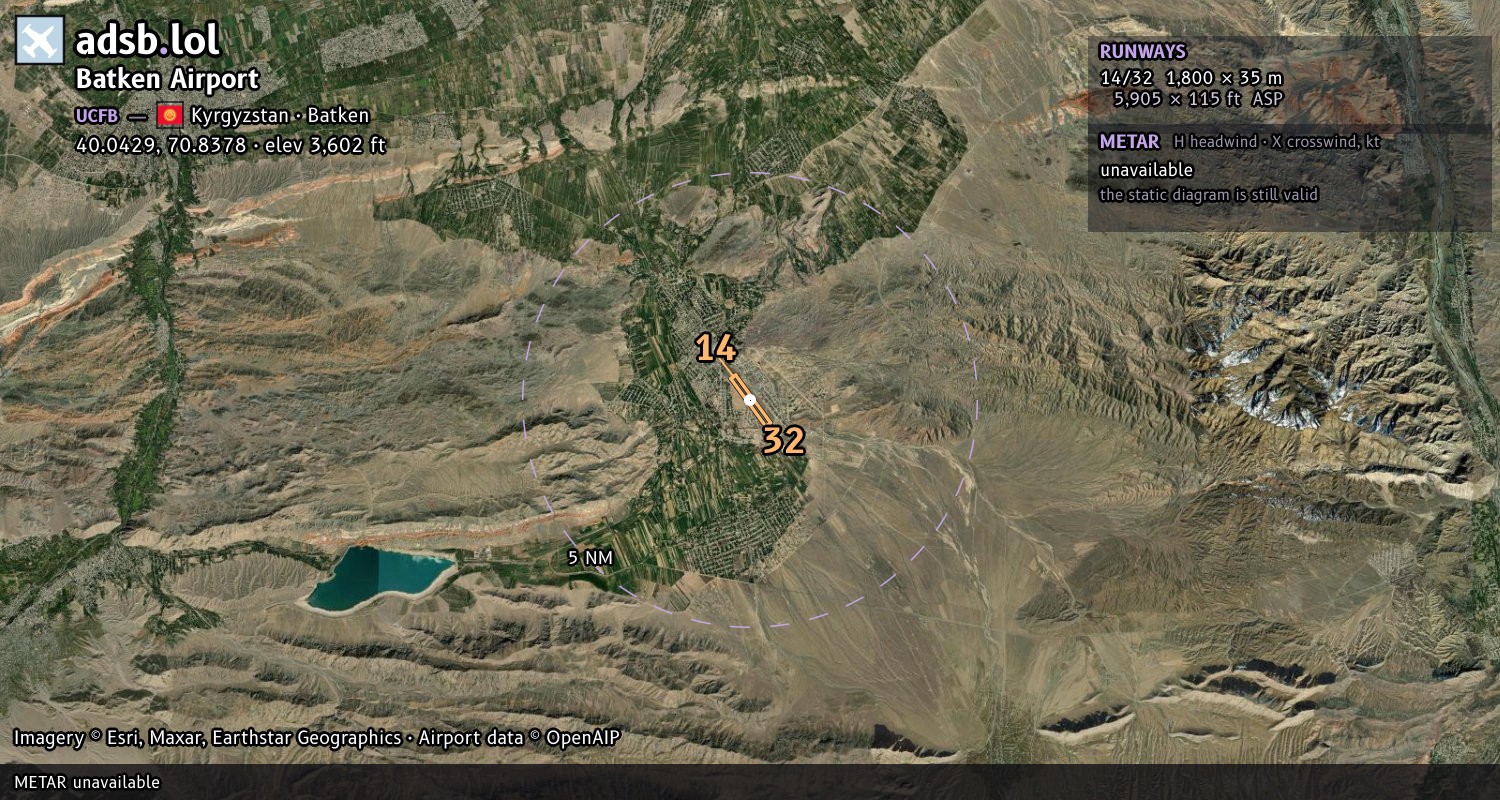 Satellite map with the runway layout of Batken Airport (UCFB)