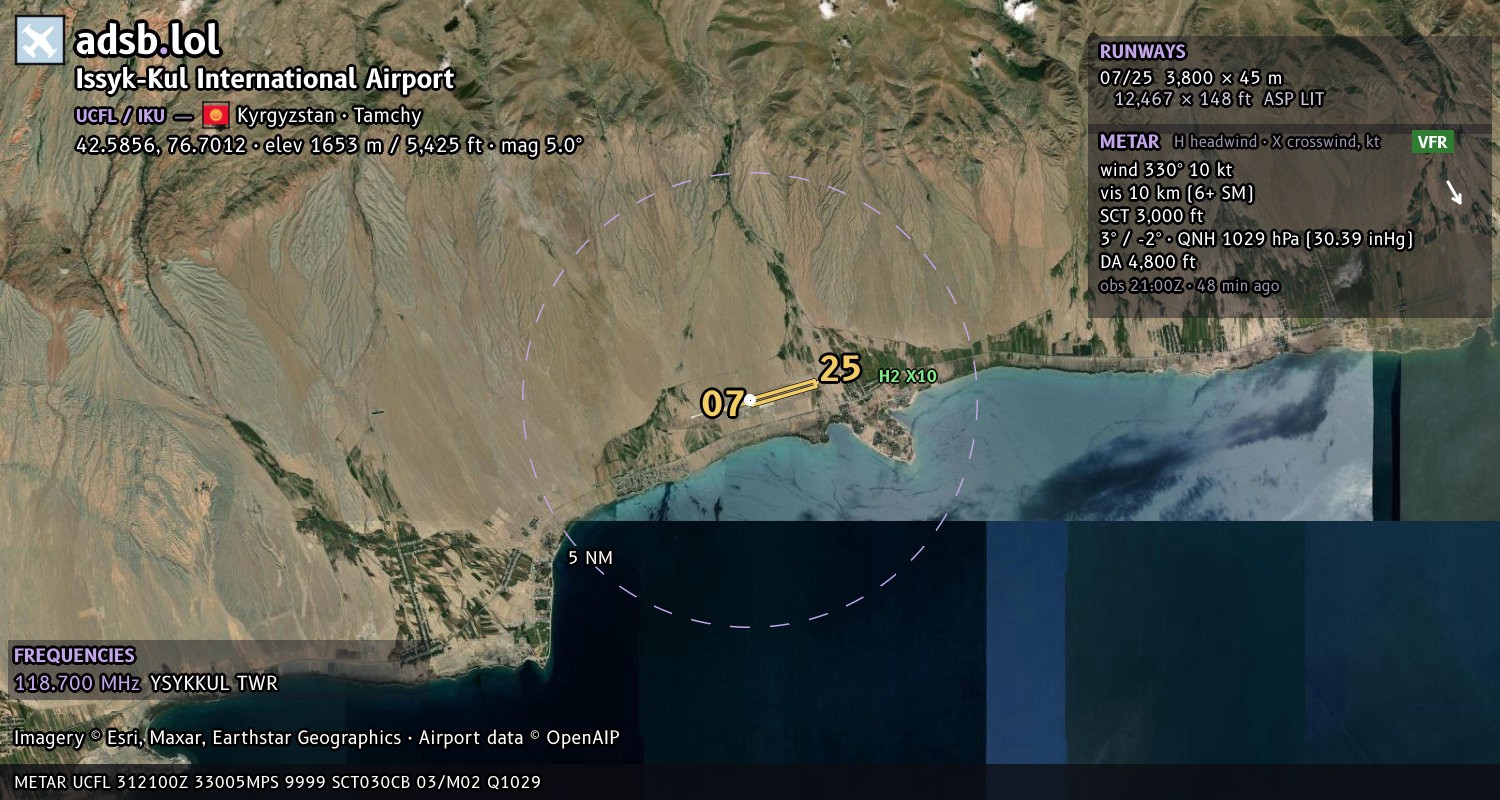 Satellite map with the runway layout of Issyk-Kul International Airport (UCFL)