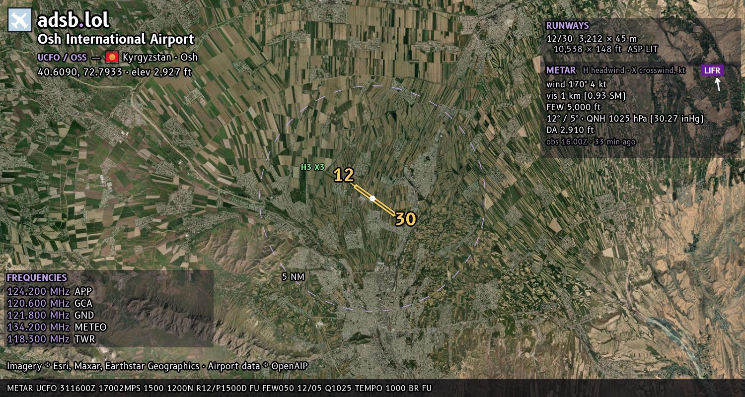 Satellite map with the runway layout of Osh International Airport (UCFO)
