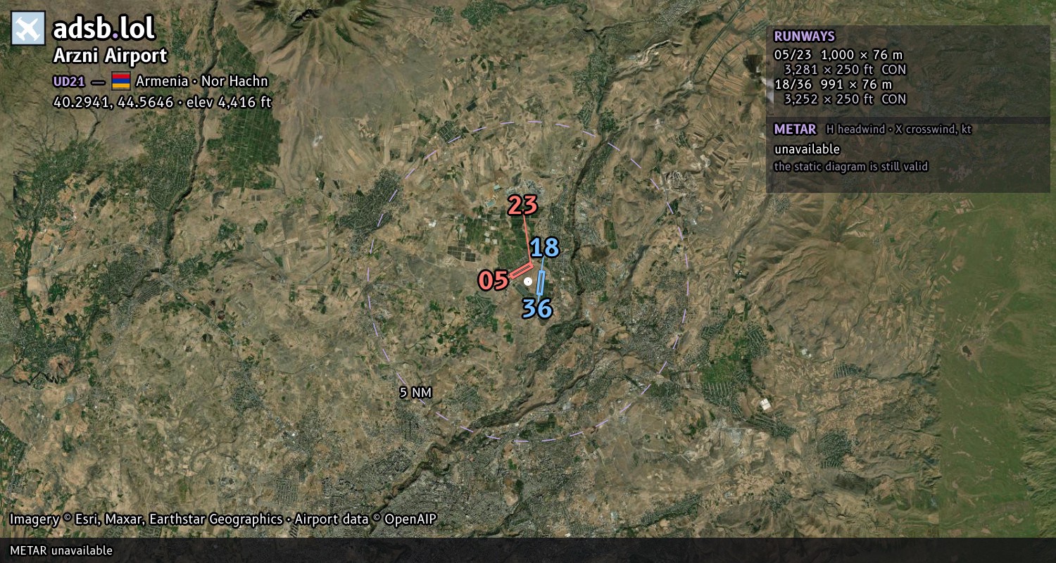 Satellite map with the runway layout of Arzni Airport (UD21)