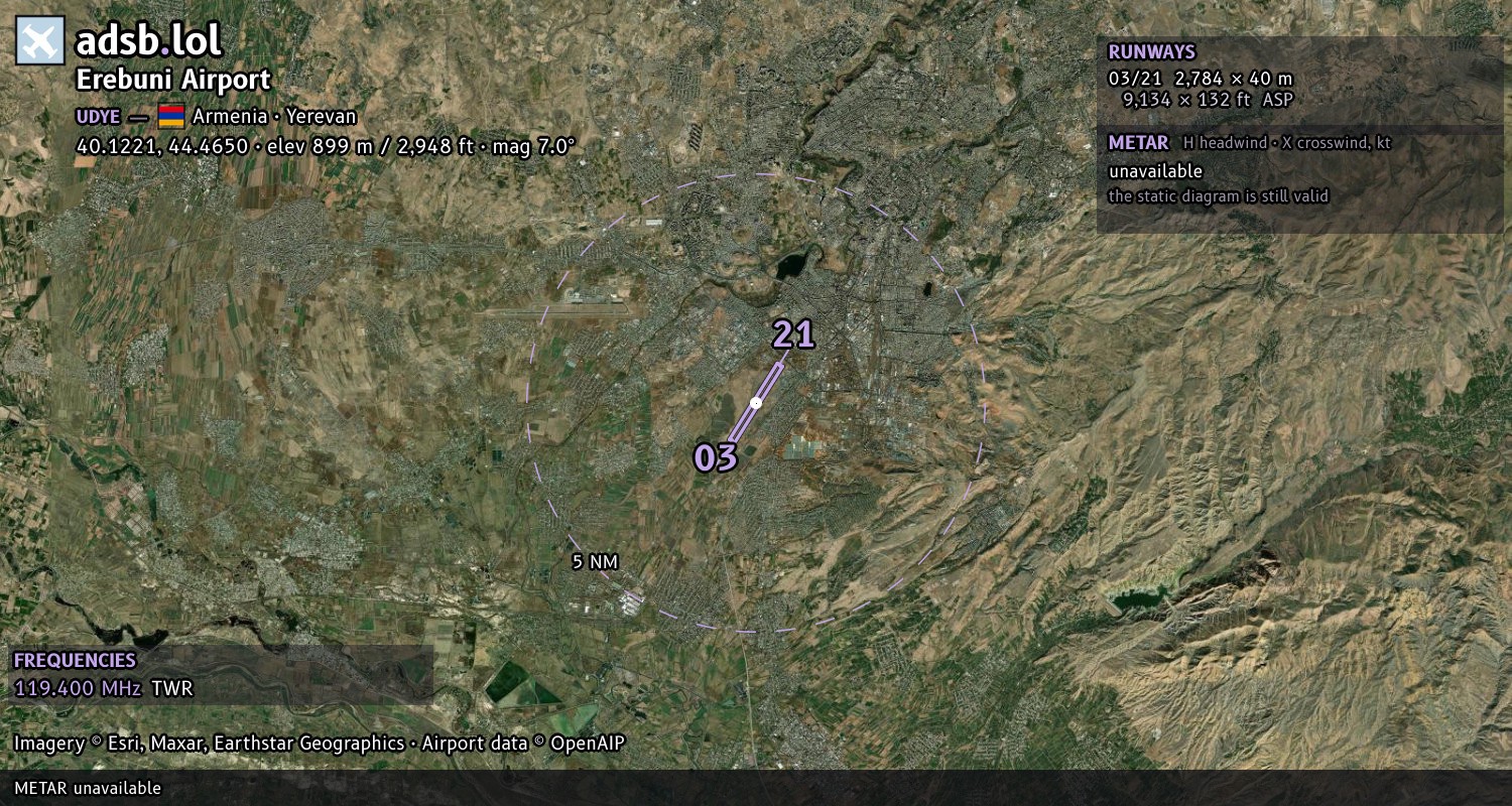 Satellite map with the runway layout of Erebuni Airport (UDYE)