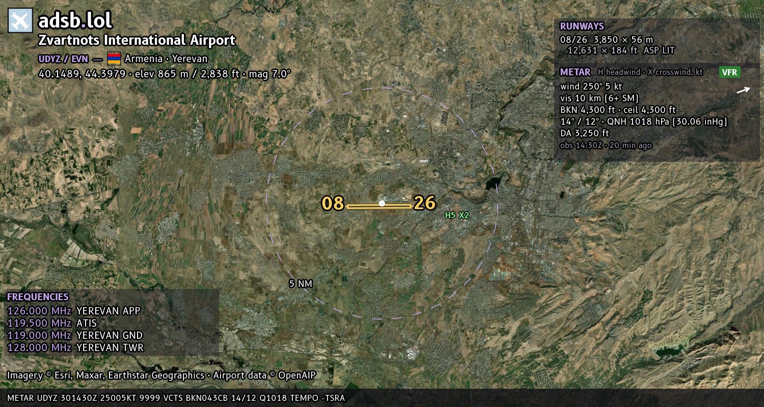 Satellite map with the runway layout of Zvartnots International Airport (UDYZ)