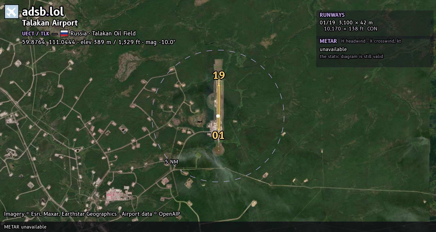 Satellite map with the runway layout of Talakan Airport (UECT)