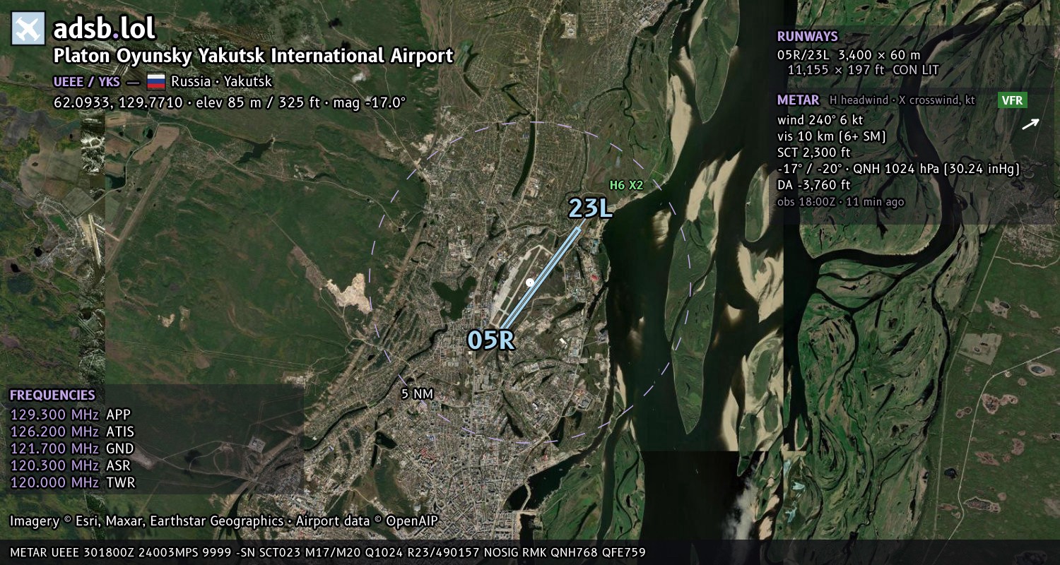 Satellite map with the runway layout of Platon Oyunsky Yakutsk International Airport (UEEE)