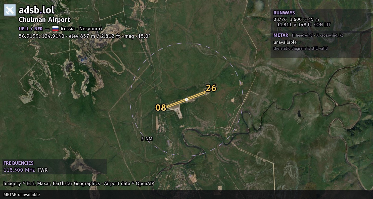 Satellite map with the runway layout of Chulman Airport (UELL)