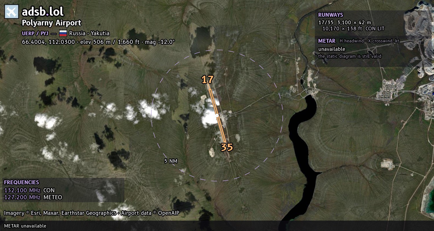 Satellite map with the runway layout of Polyarny Airport (UERP)
