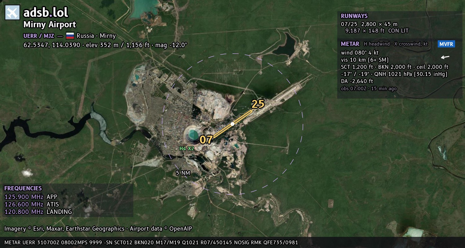 Satellite map with the runway layout of Mirny Airport (UERR)