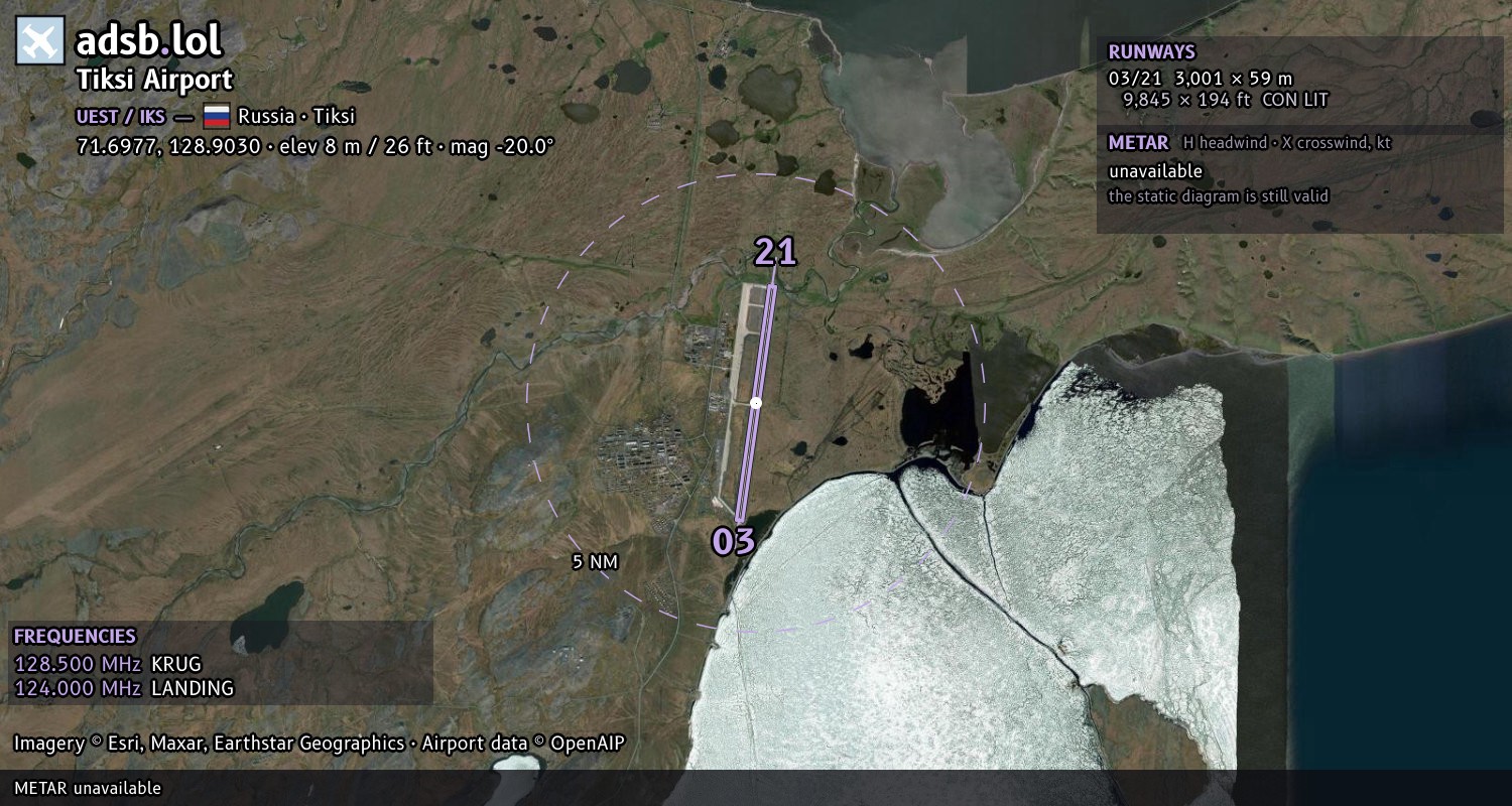 Satellite map with the runway layout of Tiksi Airport (UEST)