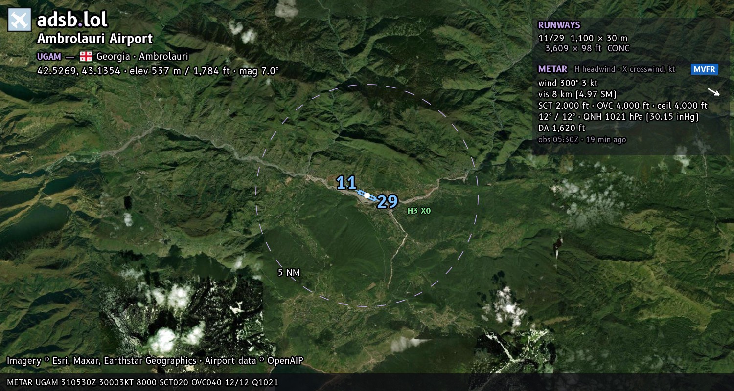 Satellite map with the runway layout of Ambrolauri Airport (UGAM)