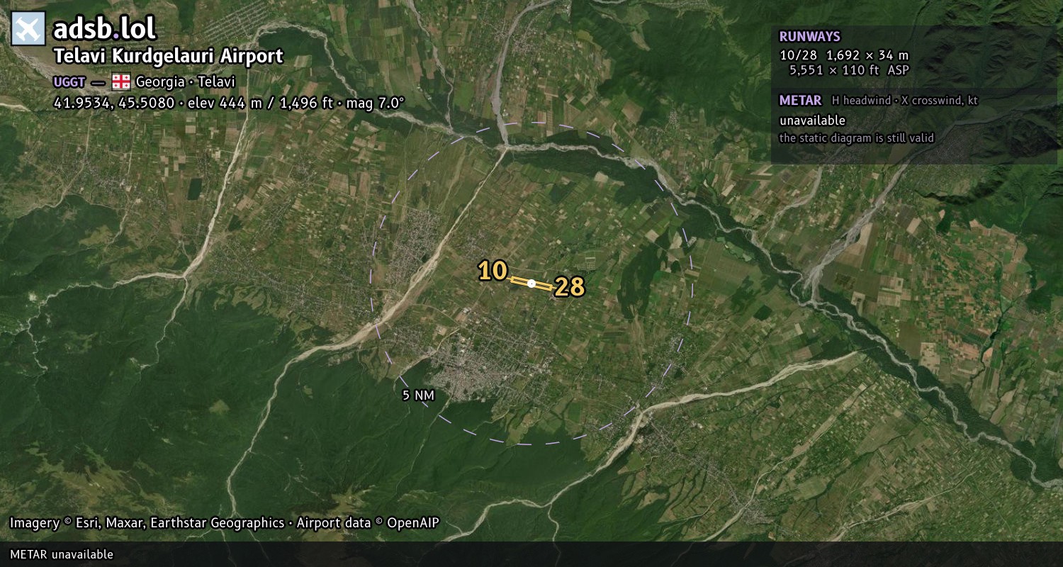 Satellite map with the runway layout of Telavi Kurdgelauri Airport (UGGT)