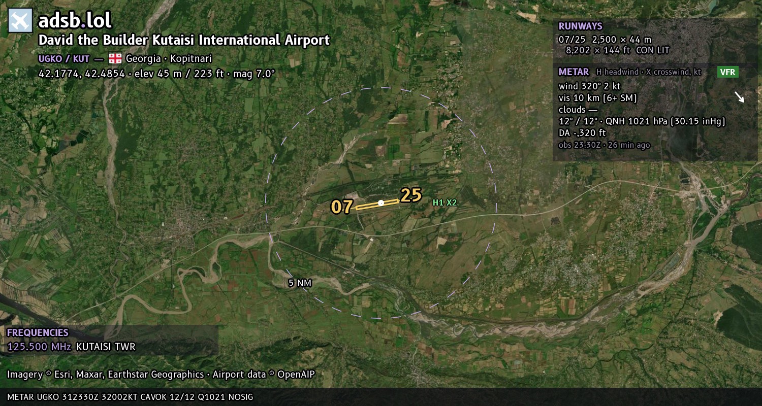 Satellite map with the runway layout of David the Builder Kutaisi International Airport (UGKO)