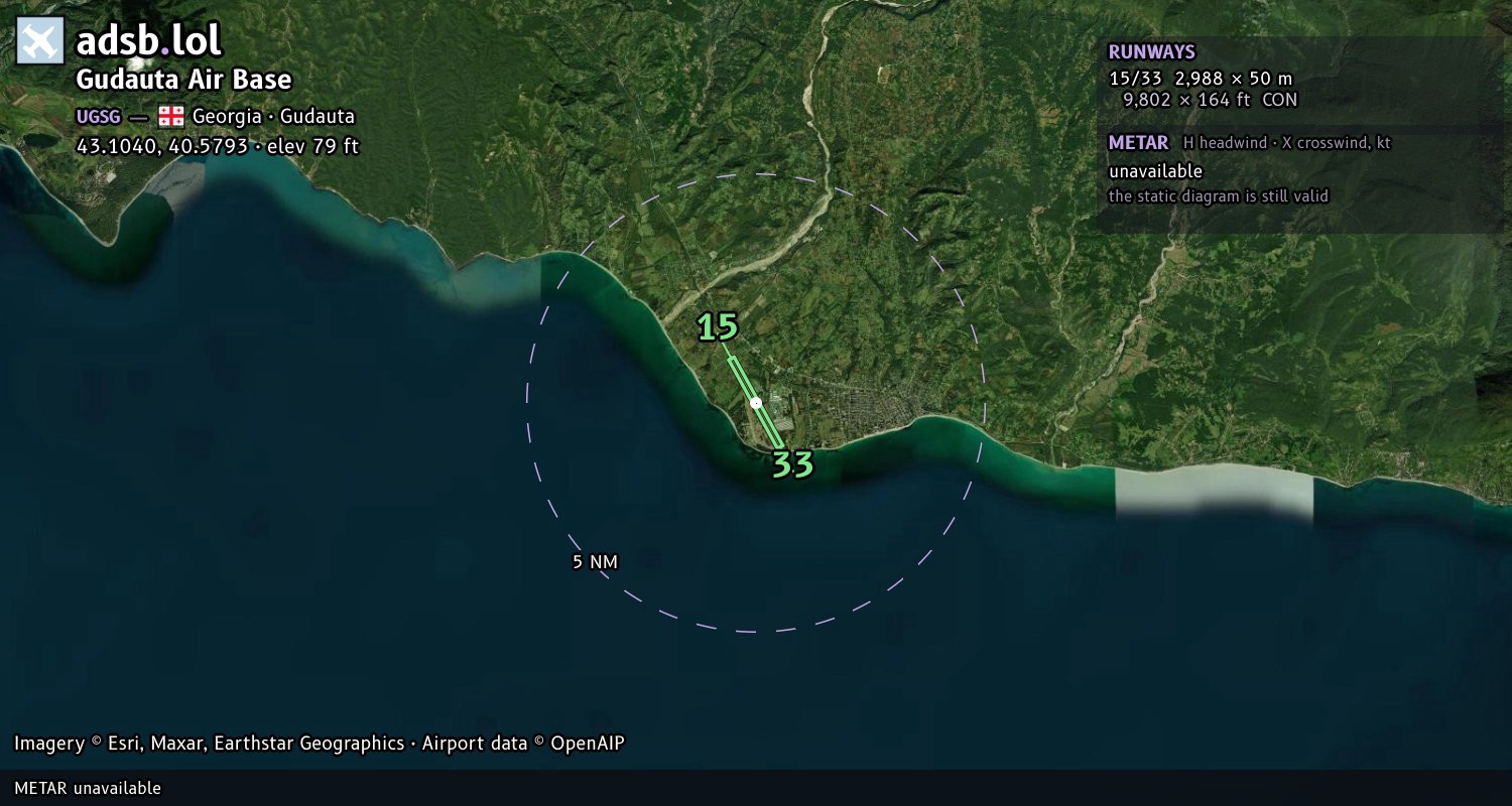 Satellite map with the runway layout of Gudauta Air Base (UGSG)