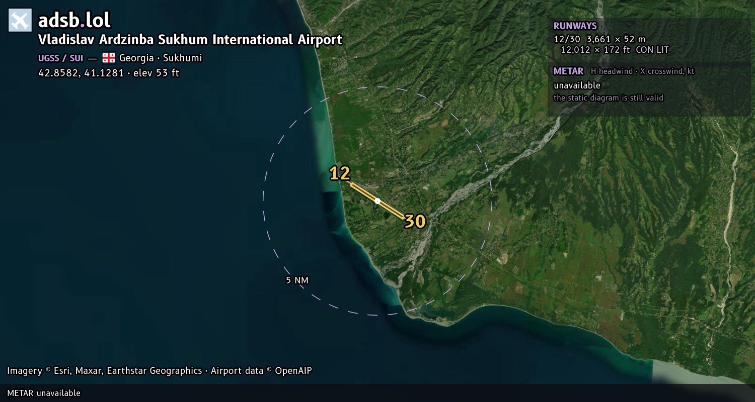 Satellite map with the runway layout of Vladislav Ardzinba Sukhum International Airport (UGSS)