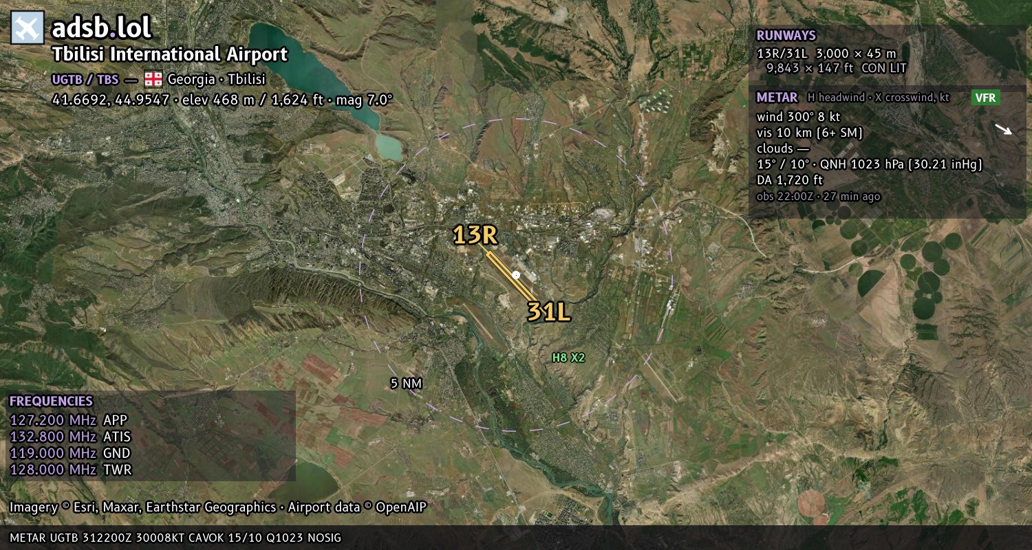 Satellite map with the runway layout of Tbilisi International Airport (UGTB)