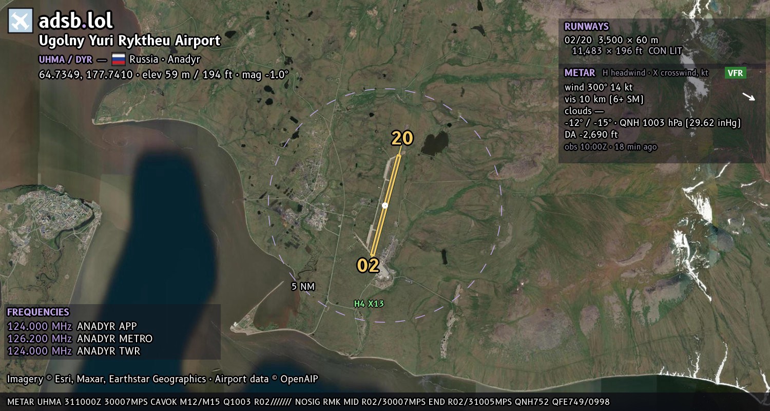 Satellite map with the runway layout of Ugolny Yuri Ryktheu Airport (UHMA)