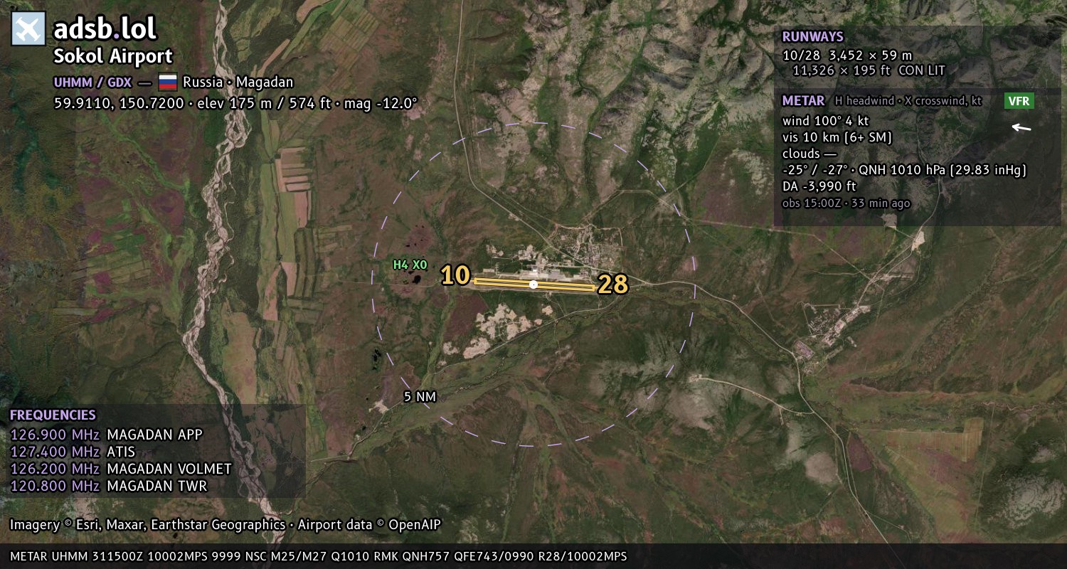 Satellite map with the runway layout of Sokol Airport (UHMM)