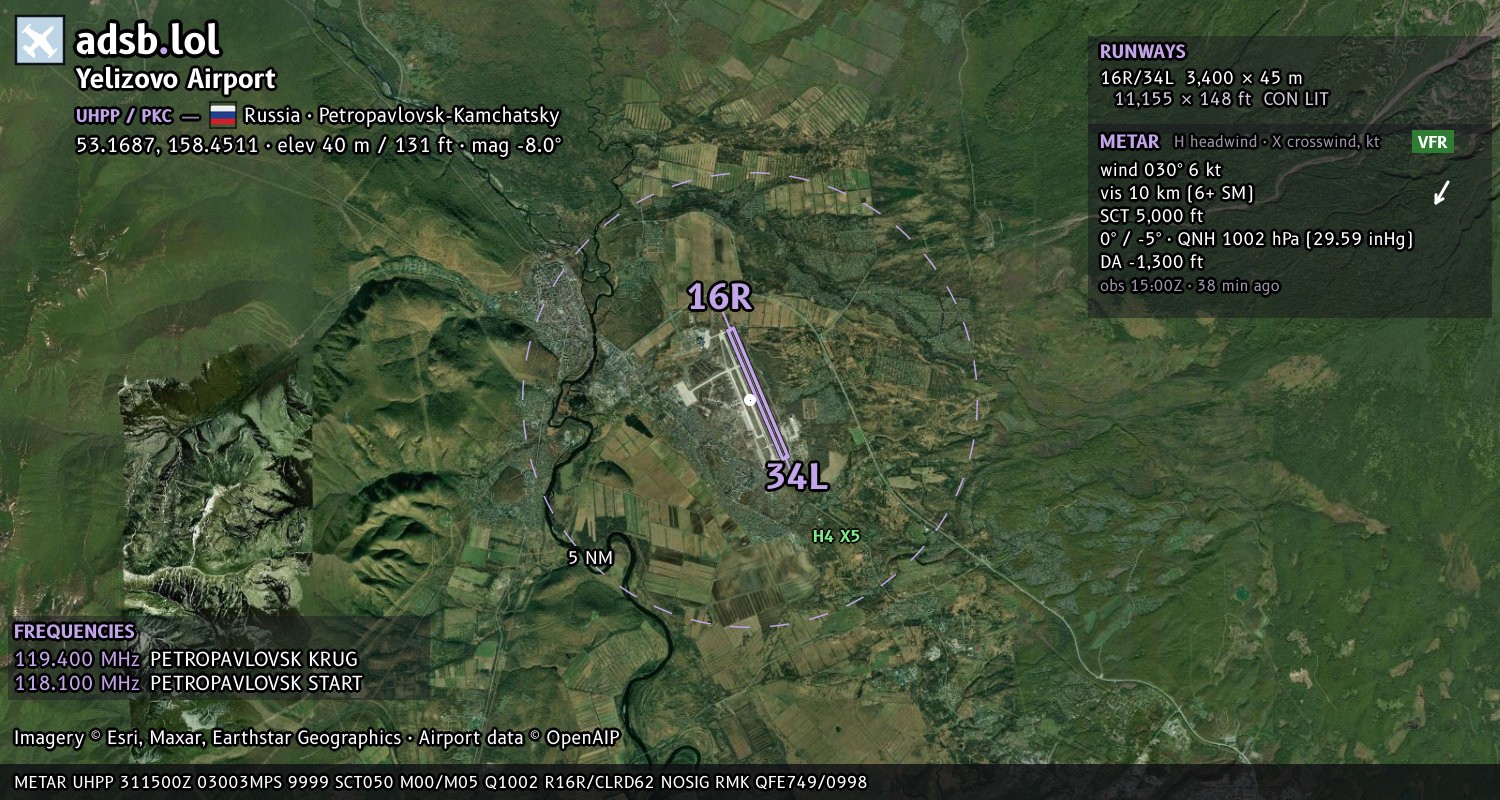 Satellite map with the runway layout of Yelizovo Airport (UHPP)