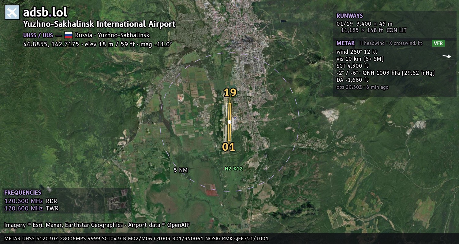 Satellite map with the runway layout of Yuzhno-Sakhalinsk International Airport (UHSS)
