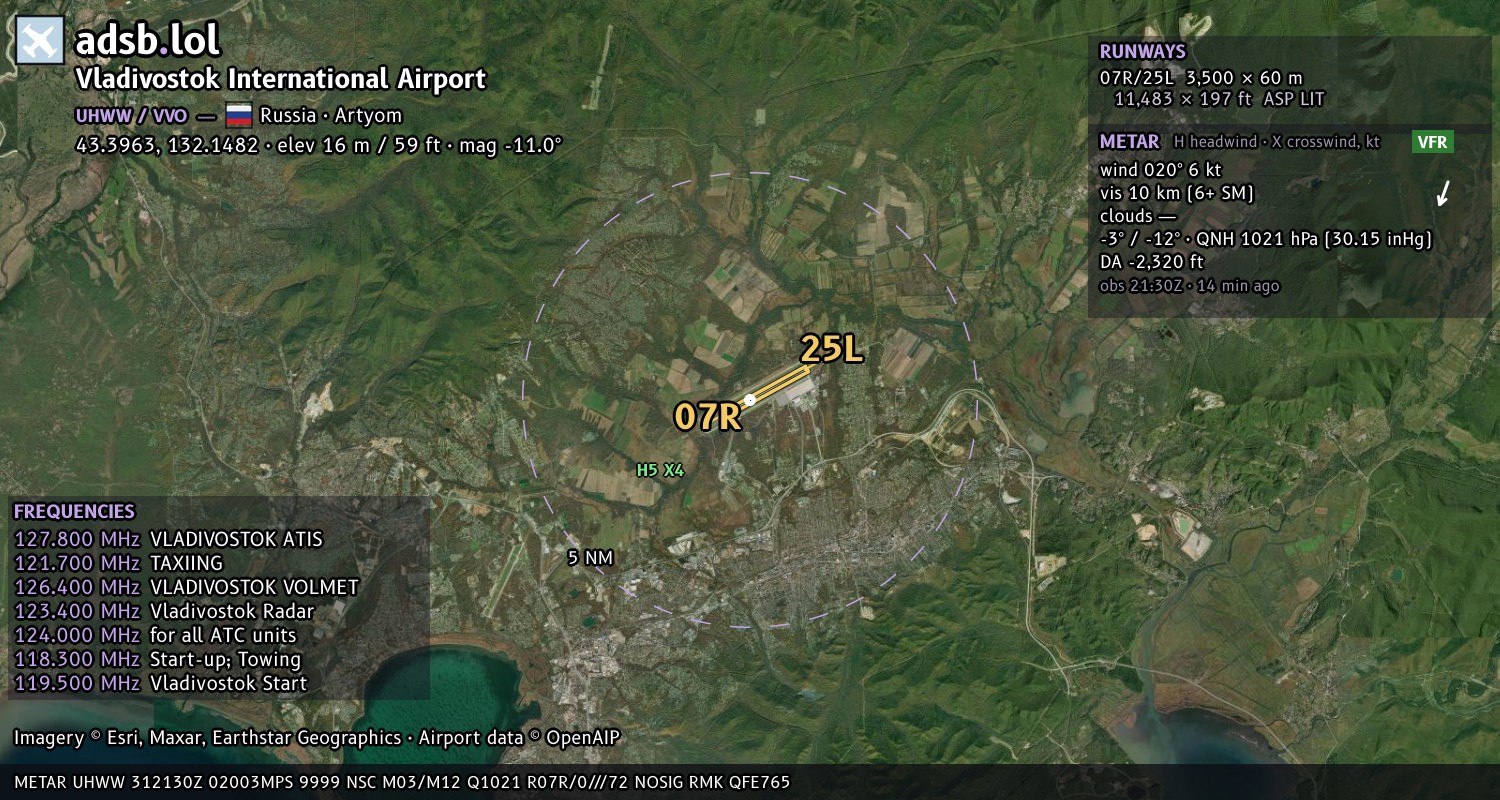 Satellite map with the runway layout of Vladivostok International Airport (UHWW)