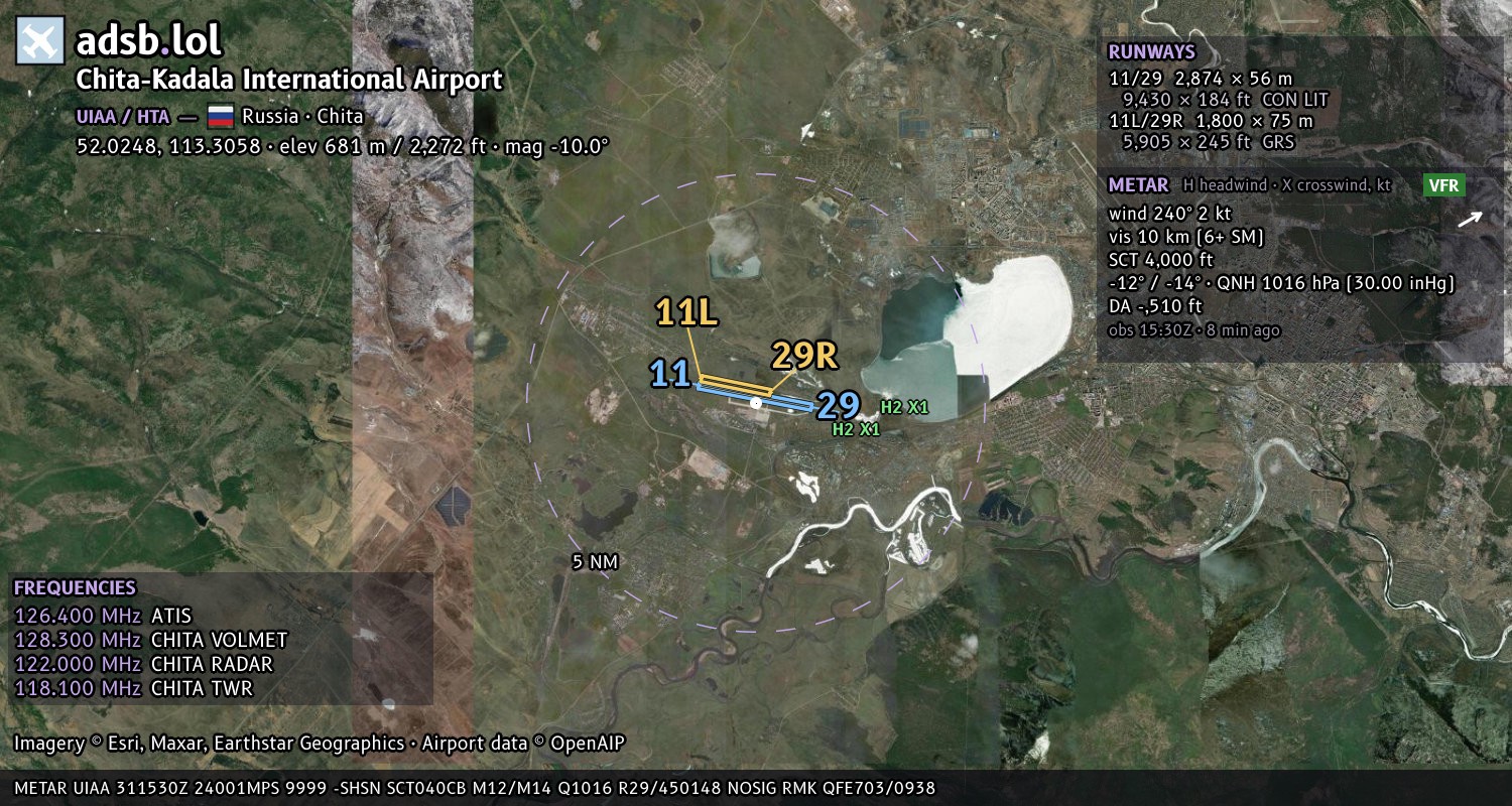 Satellite map with the runway layout of Chita-Kadala International Airport (UIAA)