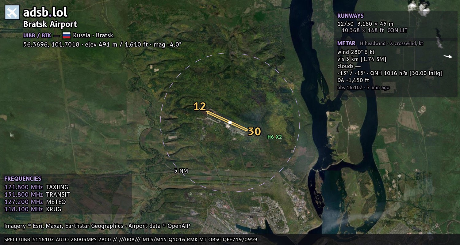 Satellite map with the runway layout of Bratsk Airport (UIBB)