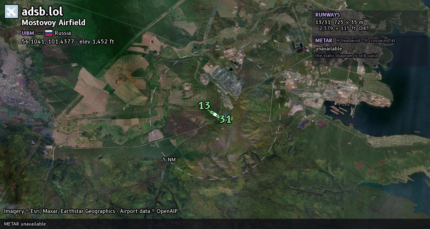 Satellite map with the runway layout of Mostovoy Airfield (UIBM)