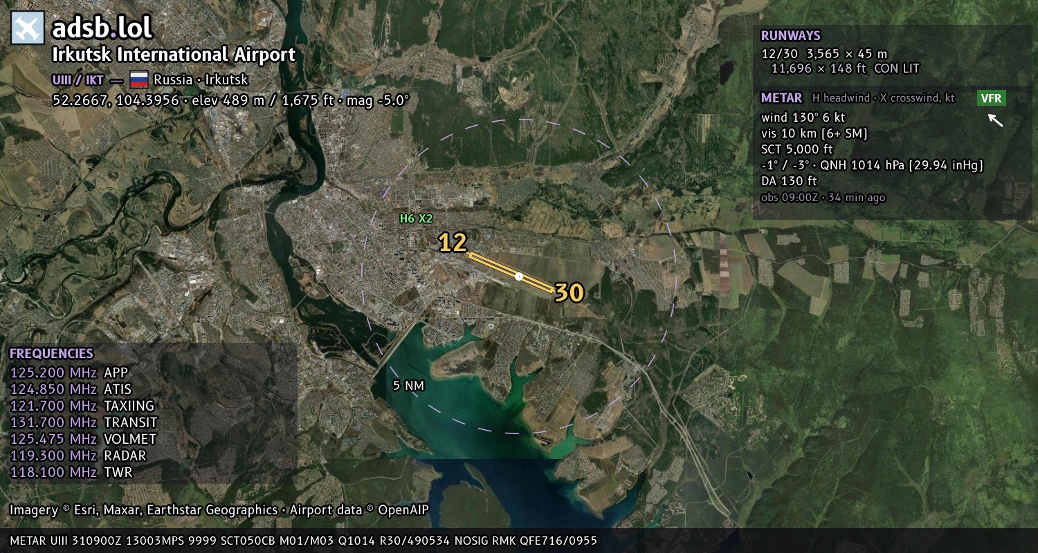 Satellite map with the runway layout of Irkutsk International Airport (UIII)
