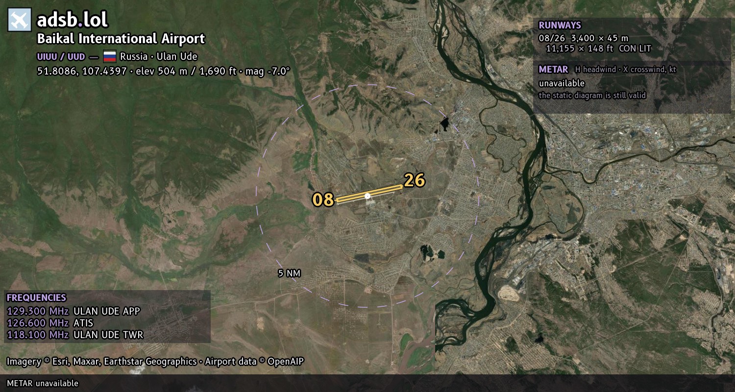 Satellite map with the runway layout of Baikal International Airport (UIUU)