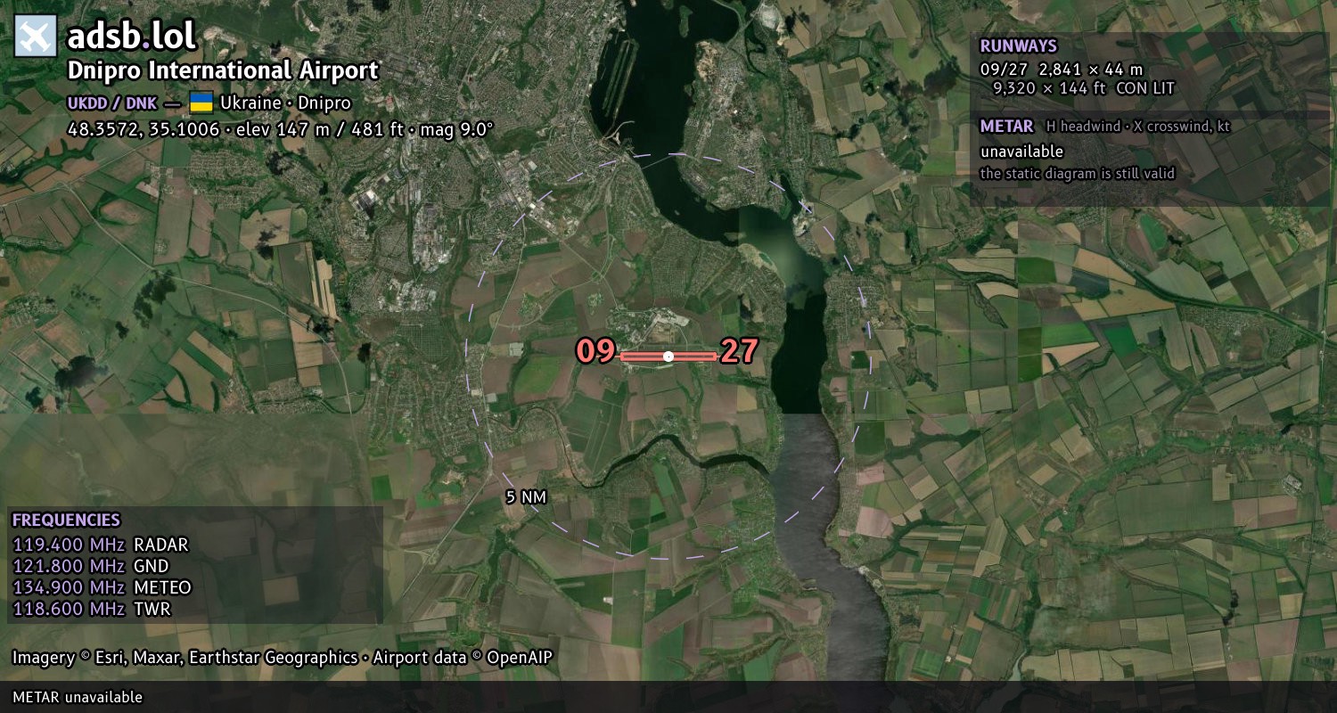 Satellite map with the runway layout of Dnipro International Airport (UKDD)