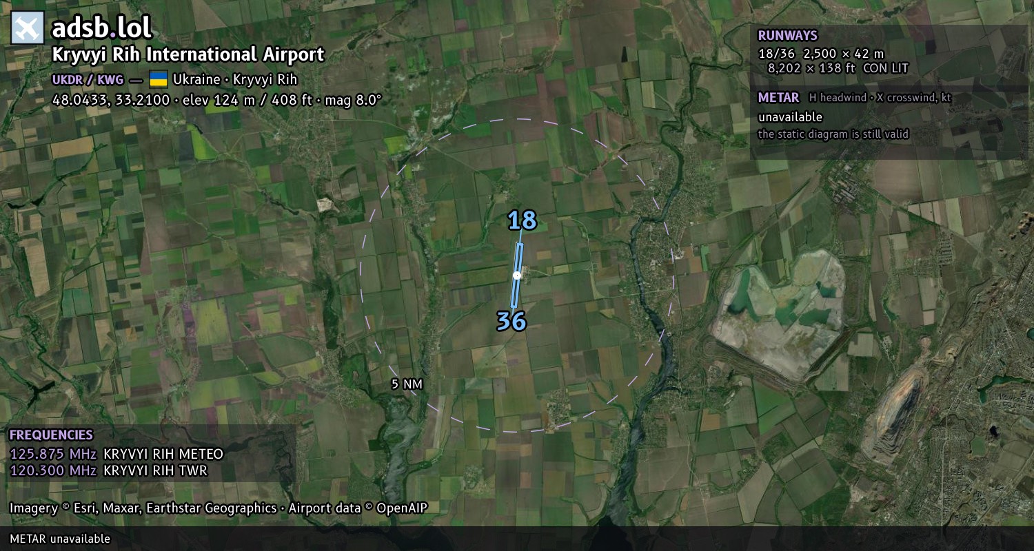 Satellite map with the runway layout of Kryvyi Rih International Airport (UKDR)