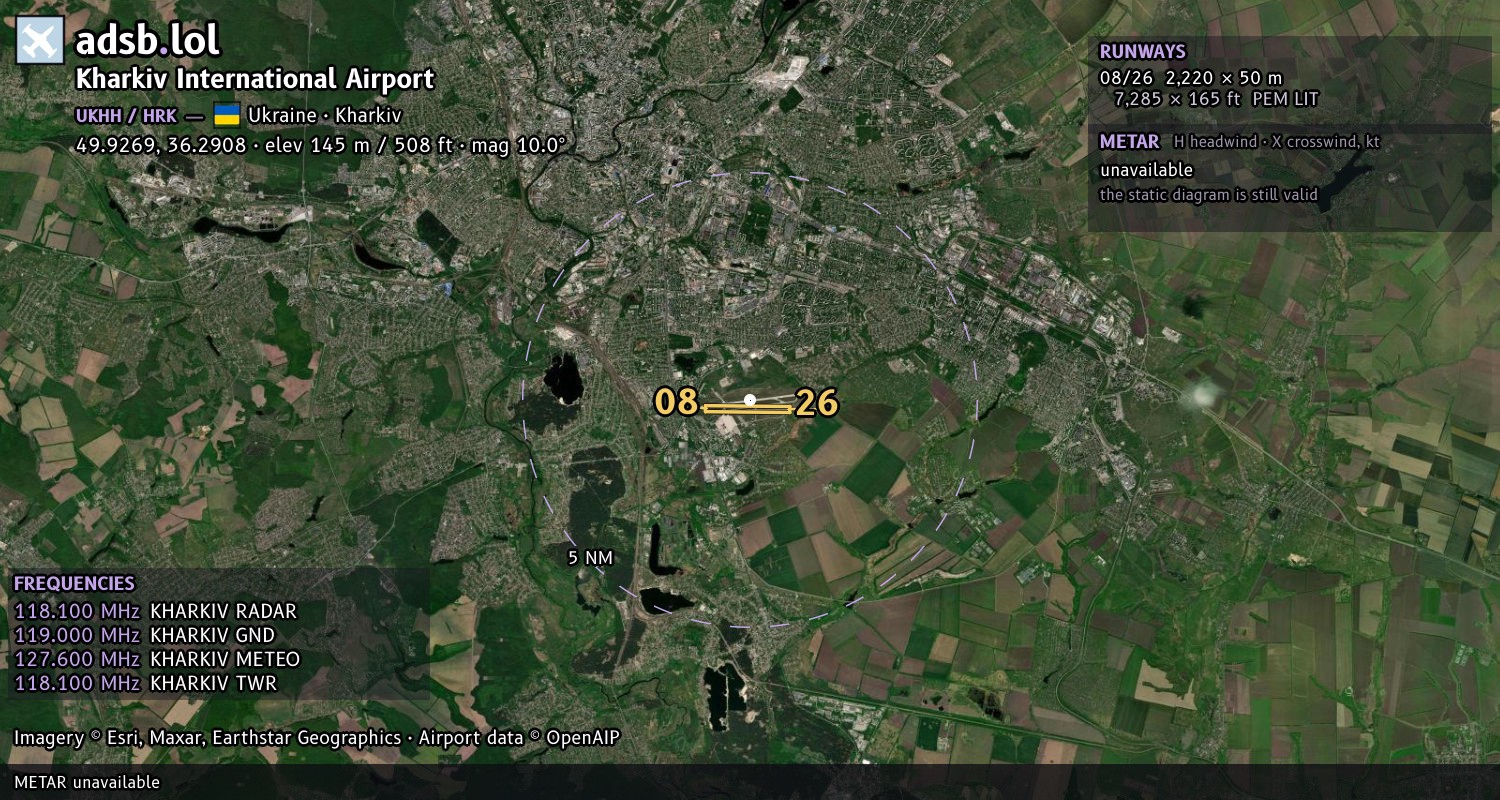 Satellite map with the runway layout of Kharkiv International Airport (UKHH)