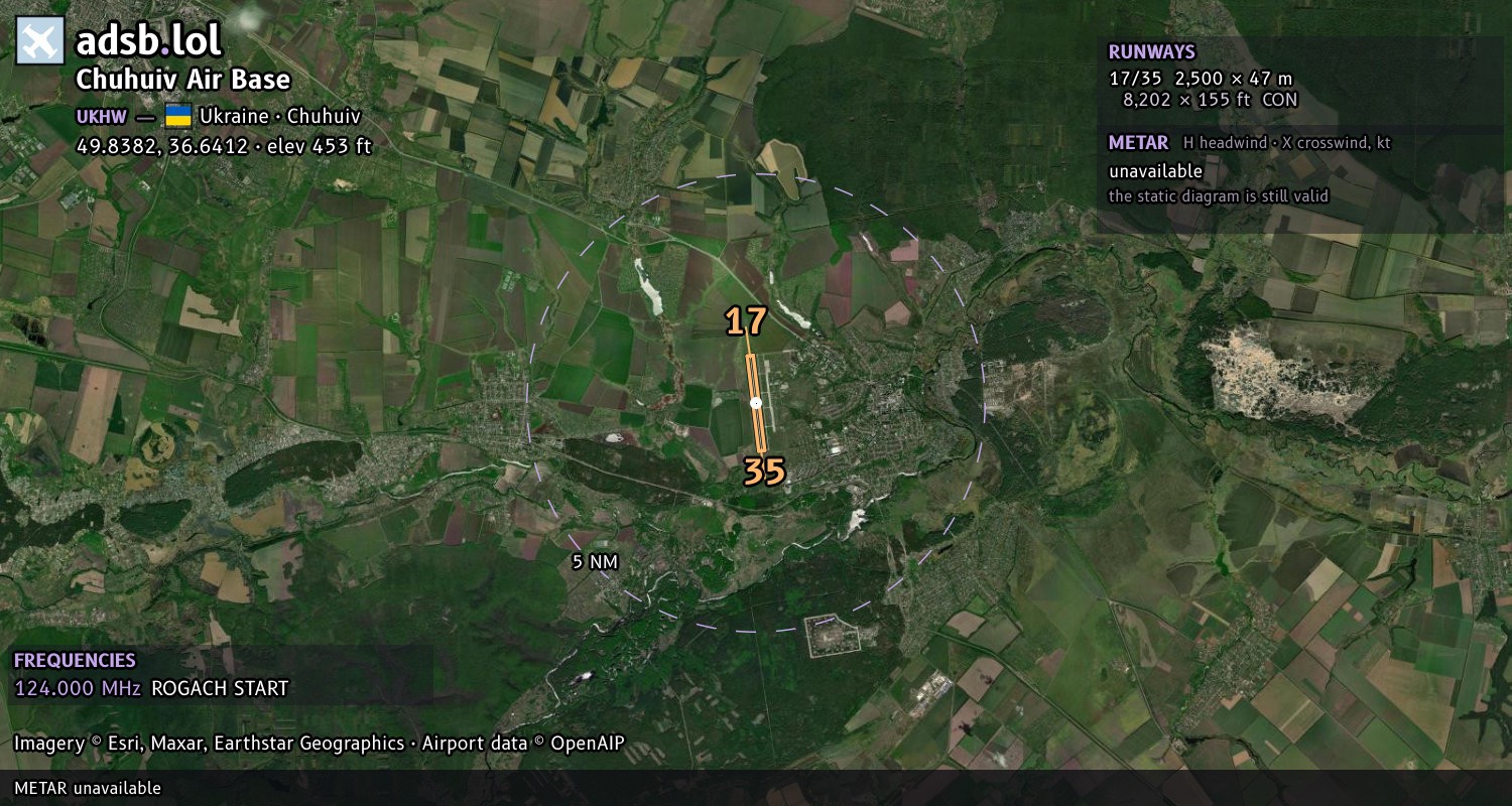 Satellite map with the runway layout of Chuhuiv Air Base (UKHW)