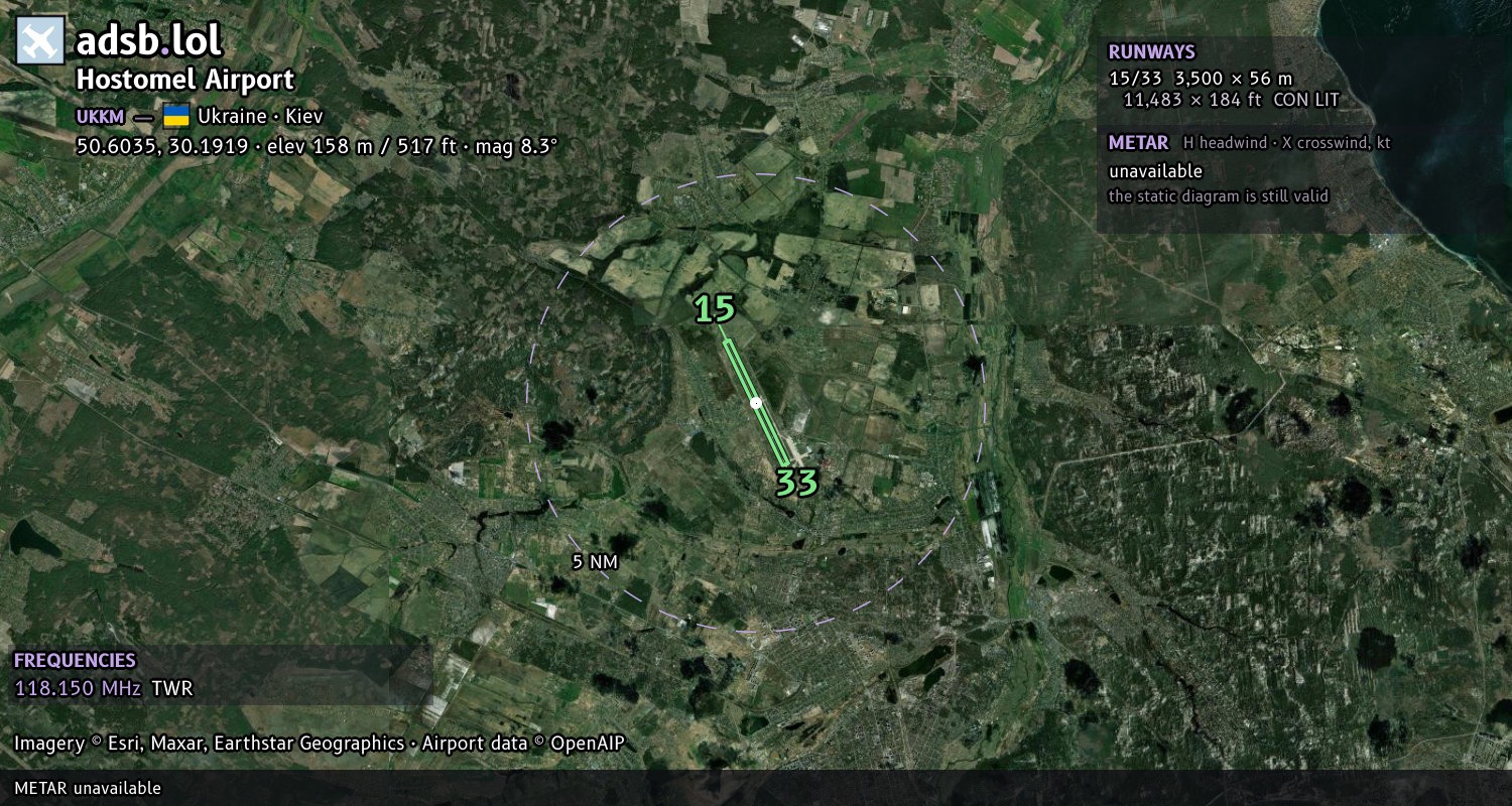 Satellite map with the runway layout of Hostomel Airport (UKKM)
