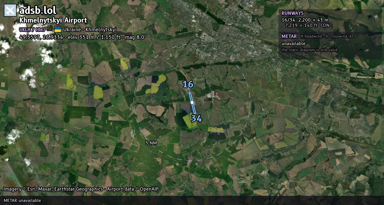 Satellite map with the runway layout of Khmelnytskyi Airport (UKLH)