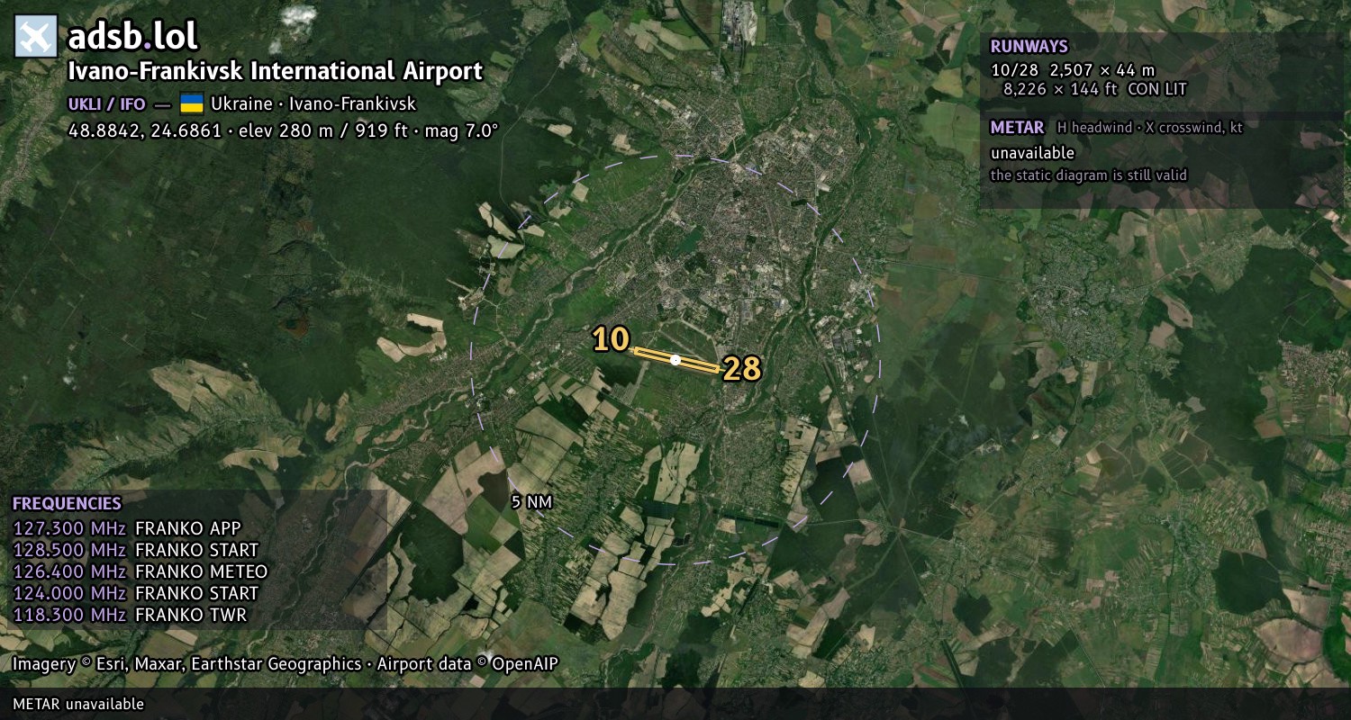 Satellite map with the runway layout of Ivano-Frankivsk International Airport (UKLI)