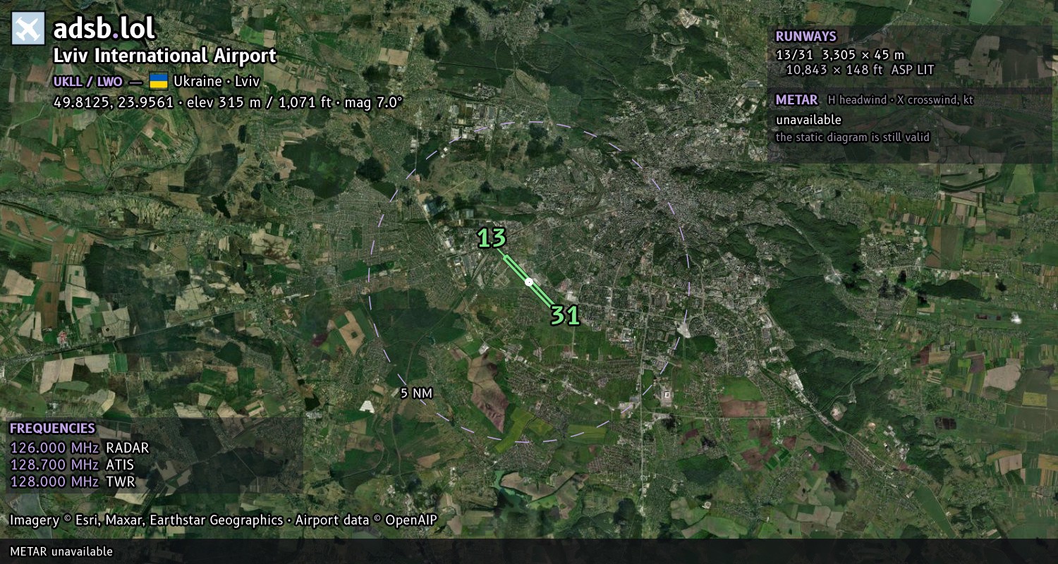 Satellite map with the runway layout of Lviv International Airport (UKLL)