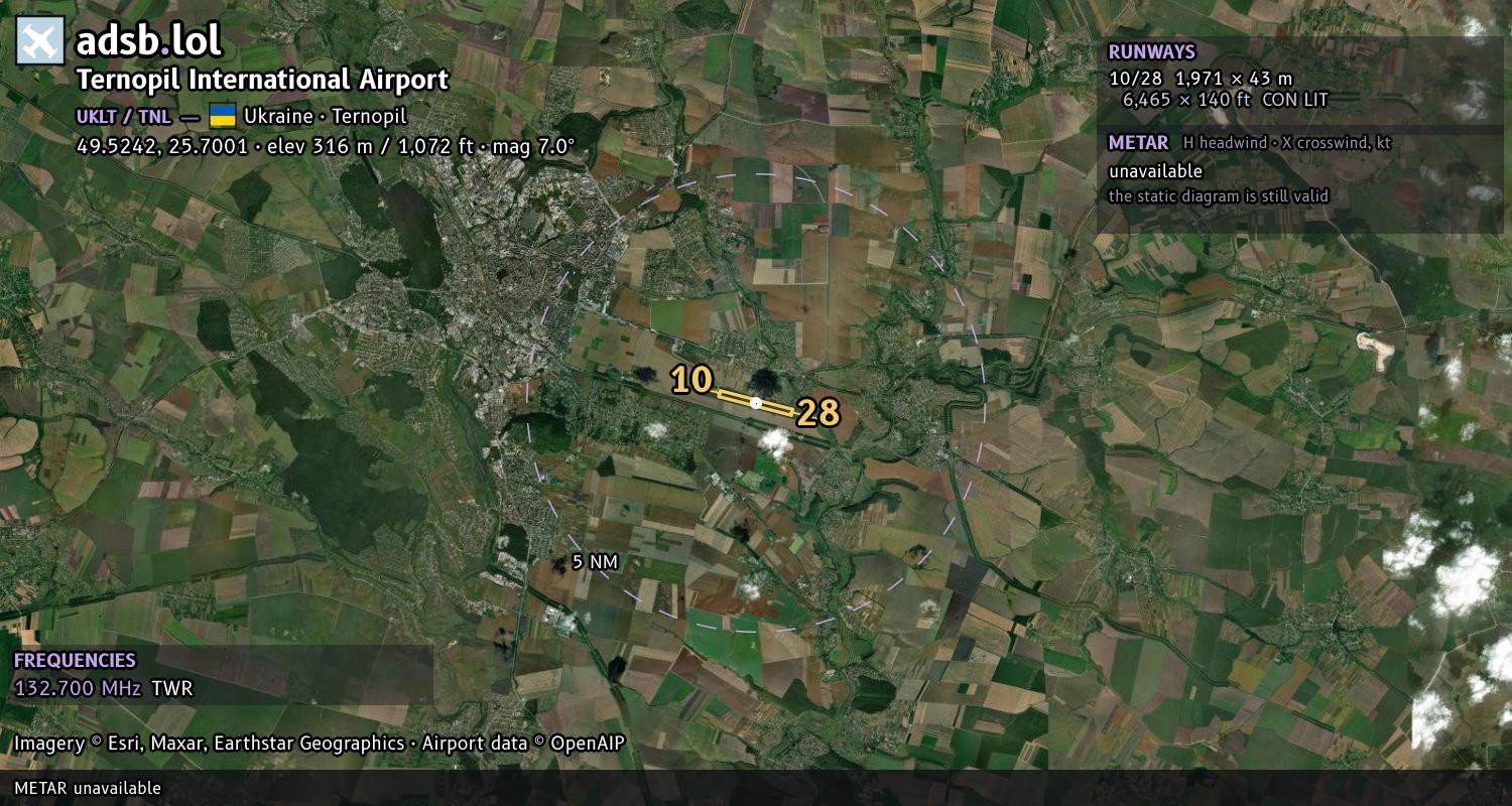 Satellite map with the runway layout of Ternopil International Airport (UKLT)