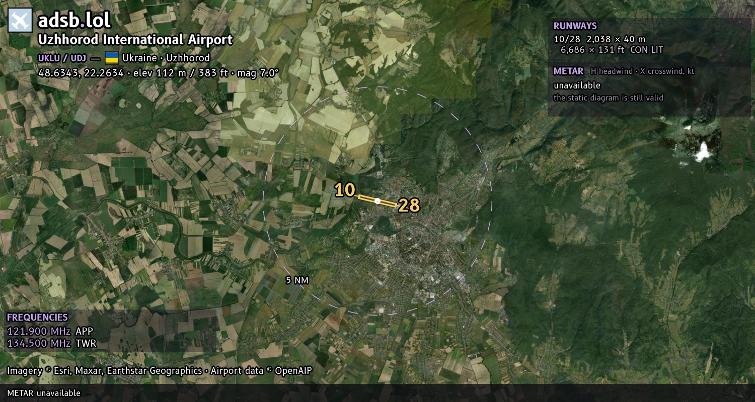 Satellite map with the runway layout of Uzhhorod International Airport (UKLU)