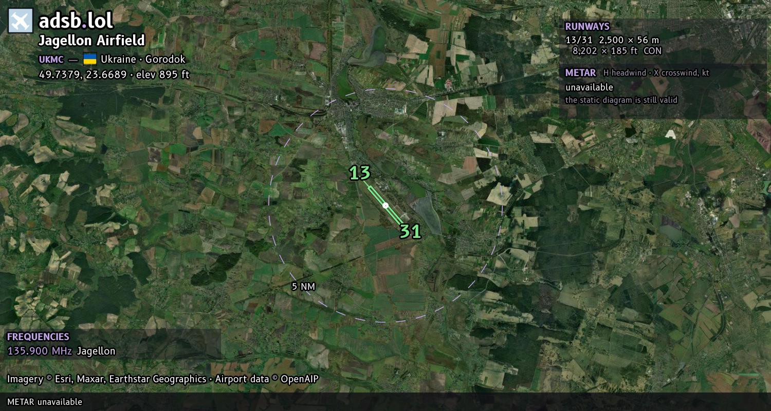 Satellite map with the runway layout of Jagellon Airfield (UKMC)