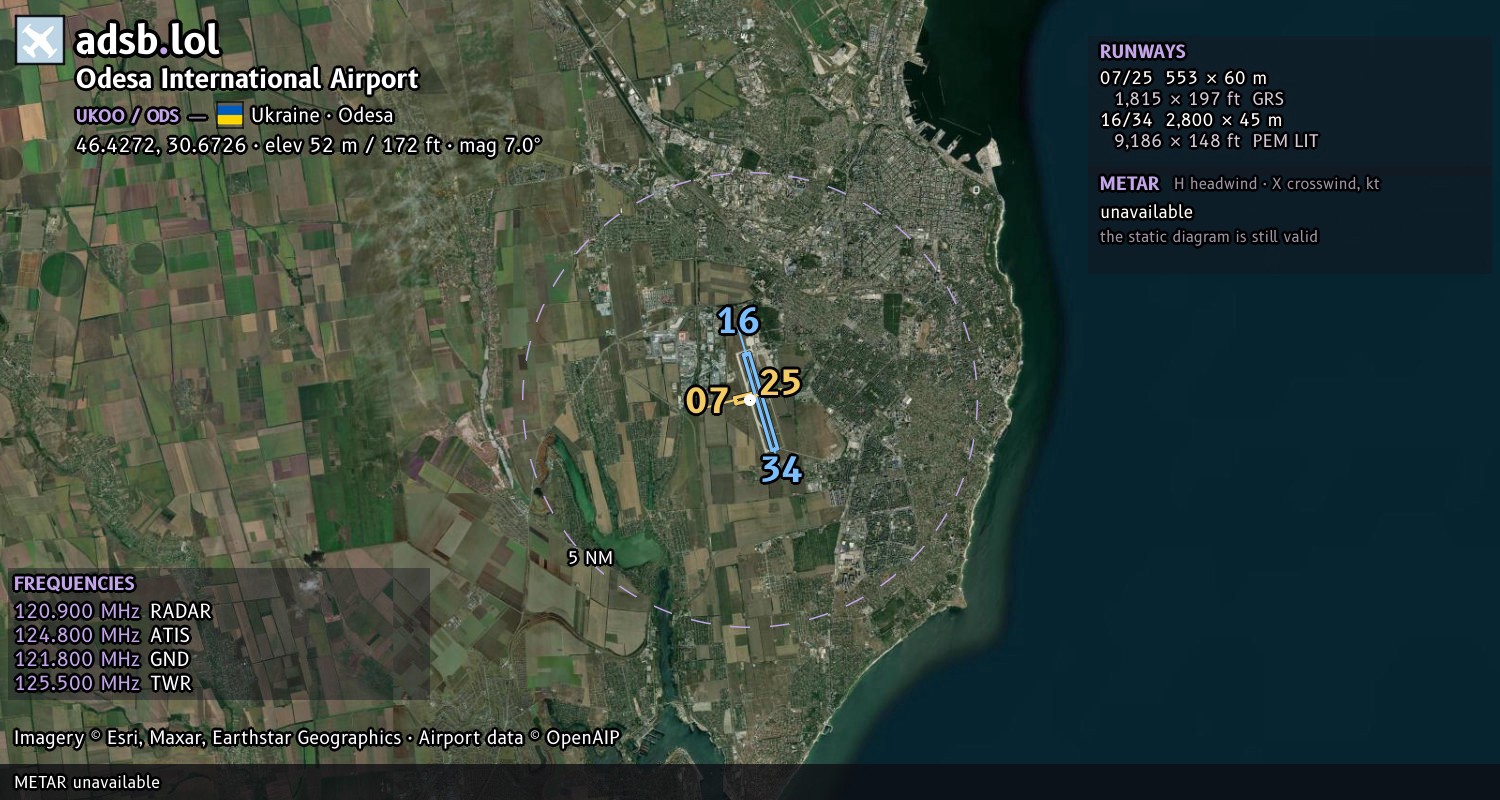 Satellite map with the runway layout of Odesa International Airport (UKOO)