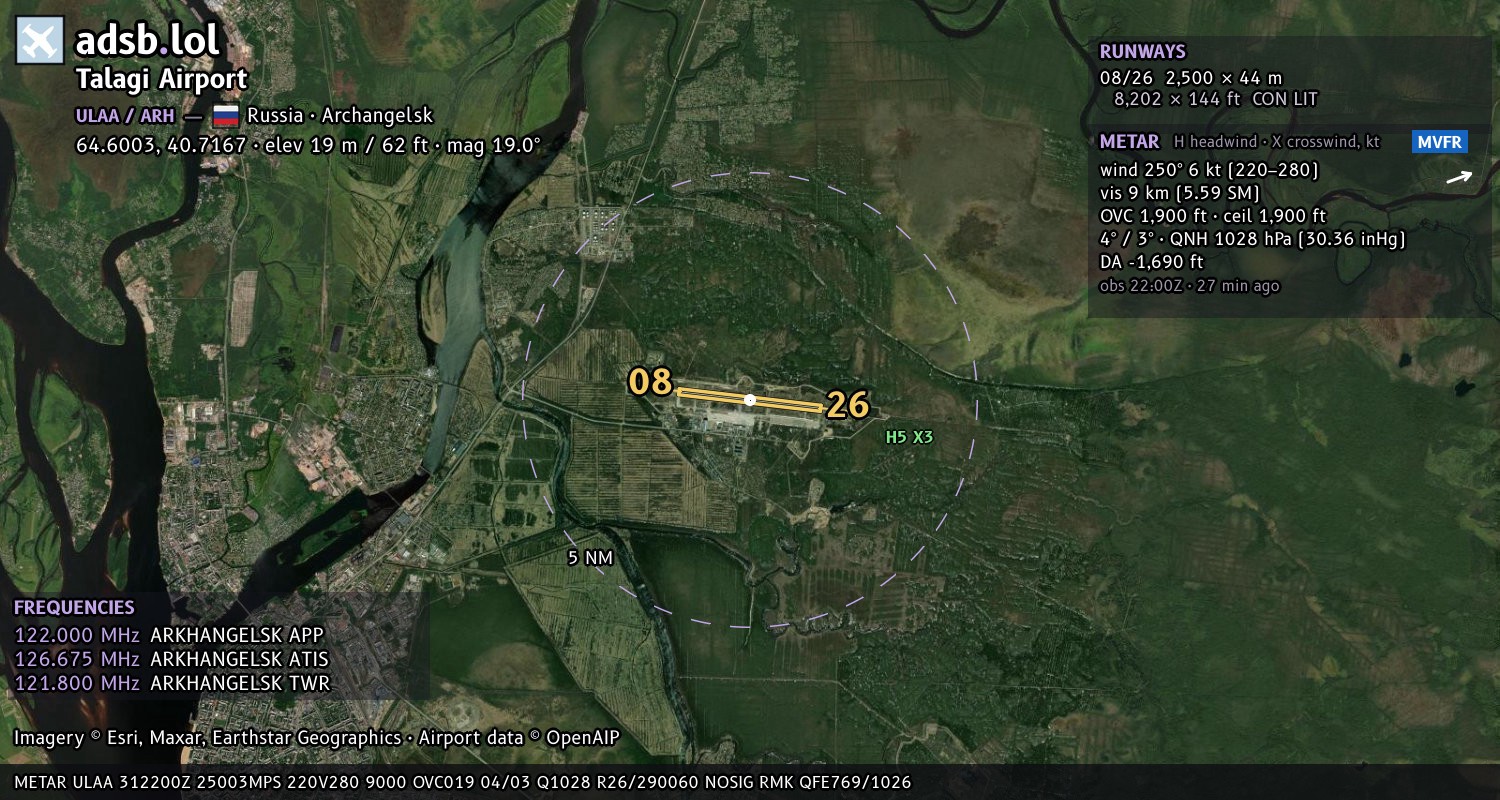 Satellite map with the runway layout of Talagi Airport (ULAA)