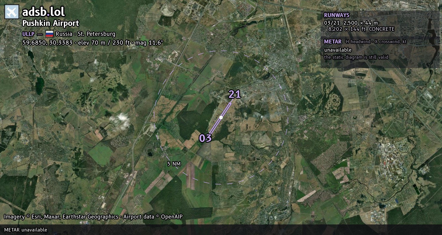 Satellite map with the runway layout of Pushkin Airport (ULLP)