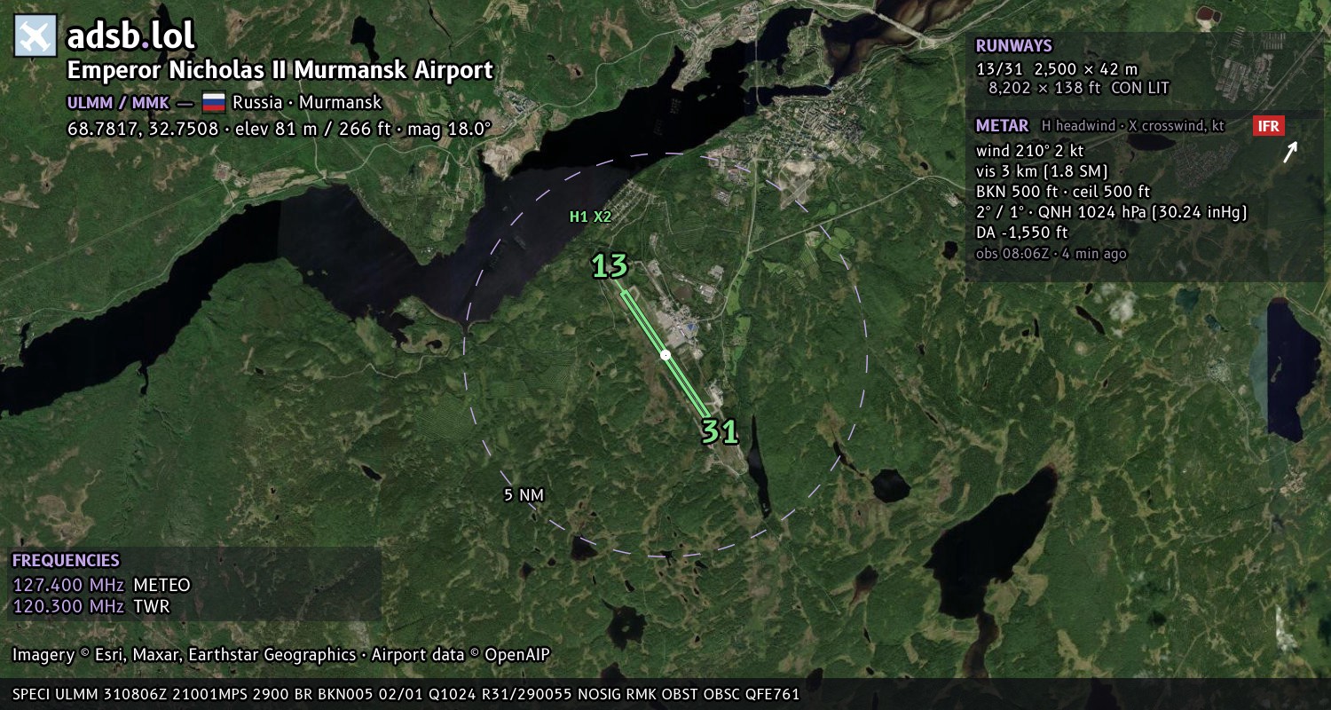 Satellite map with the runway layout of Emperor Nicholas II Murmansk Airport (ULMM)